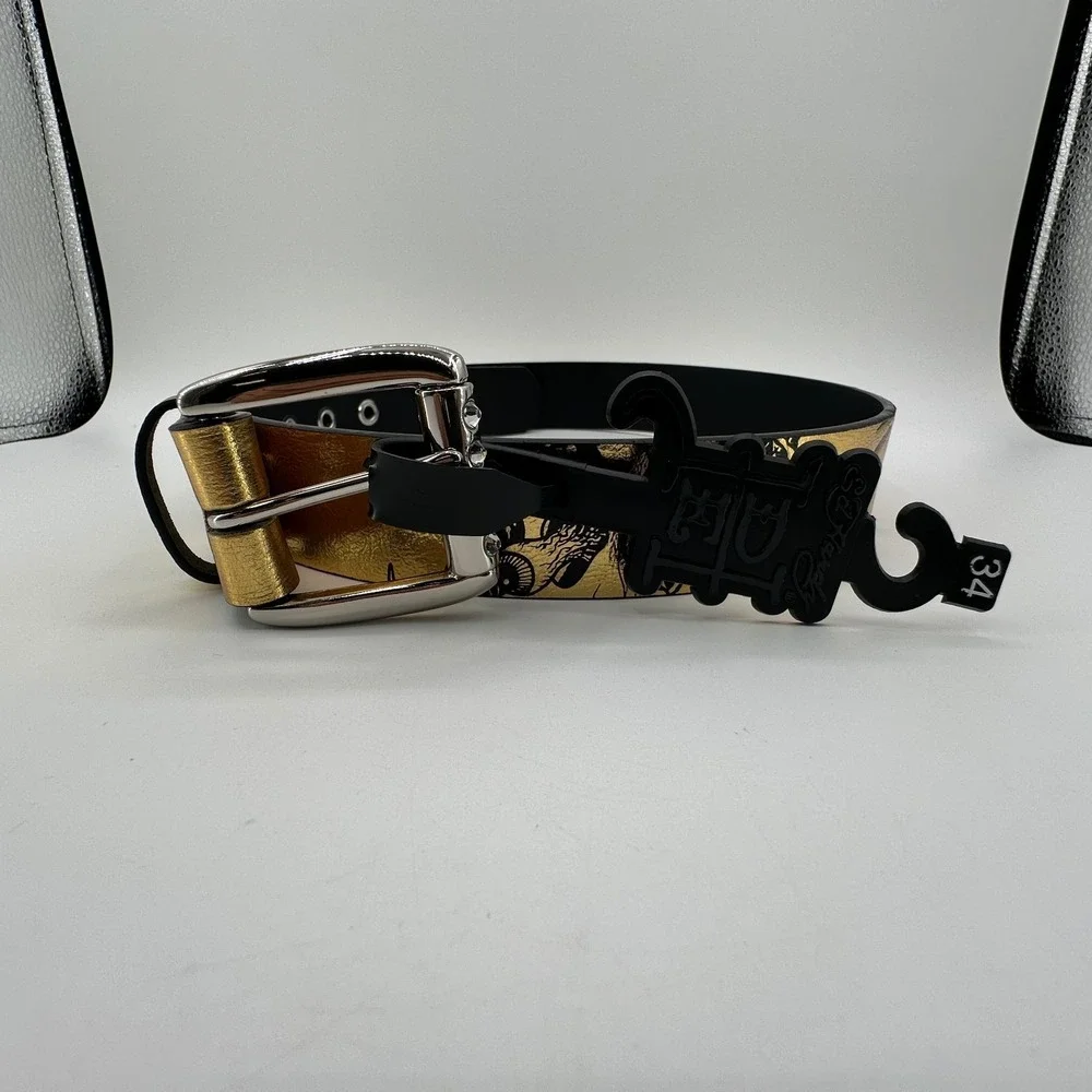 Ed Hardy Christian Audigier Belt Mens 34 Tiger Skull Tattoo Art Gold Color NEW